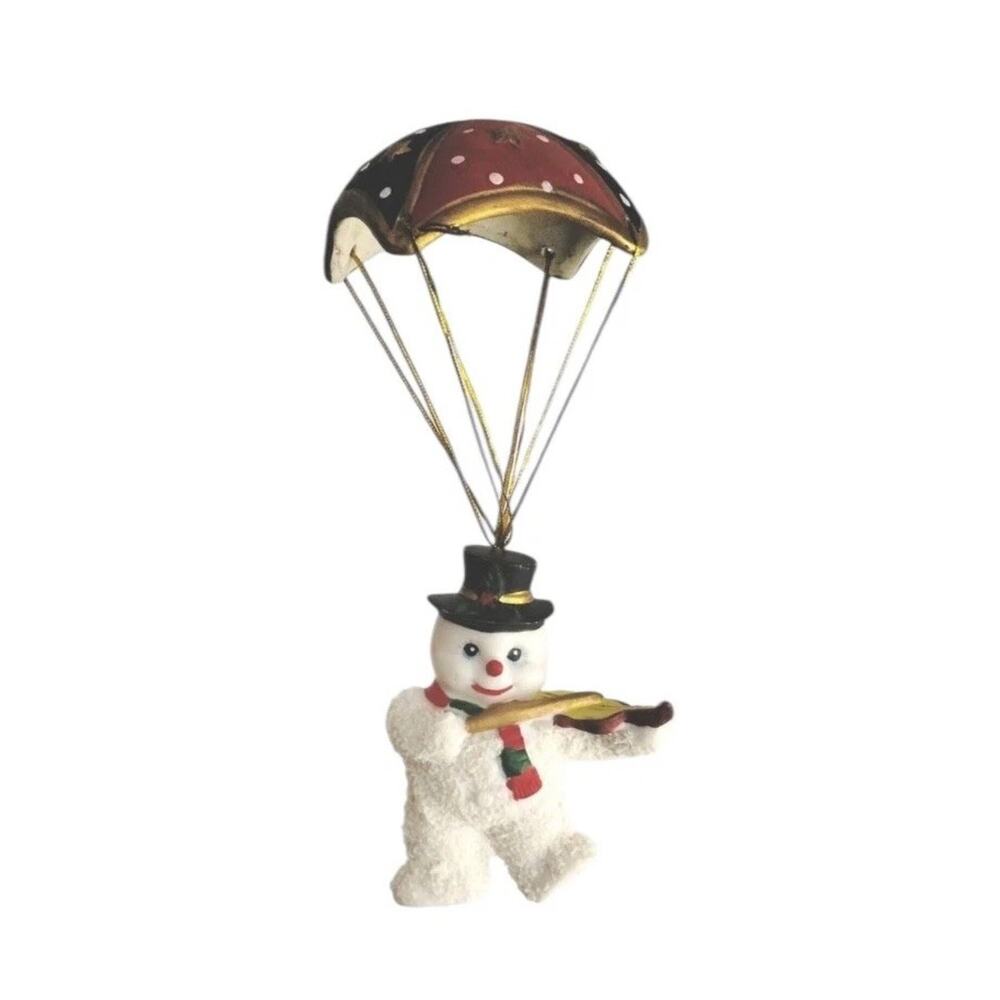 Vintage Parachute Snowman Ornament Violin Player Red Blue Gold Christmas Decor